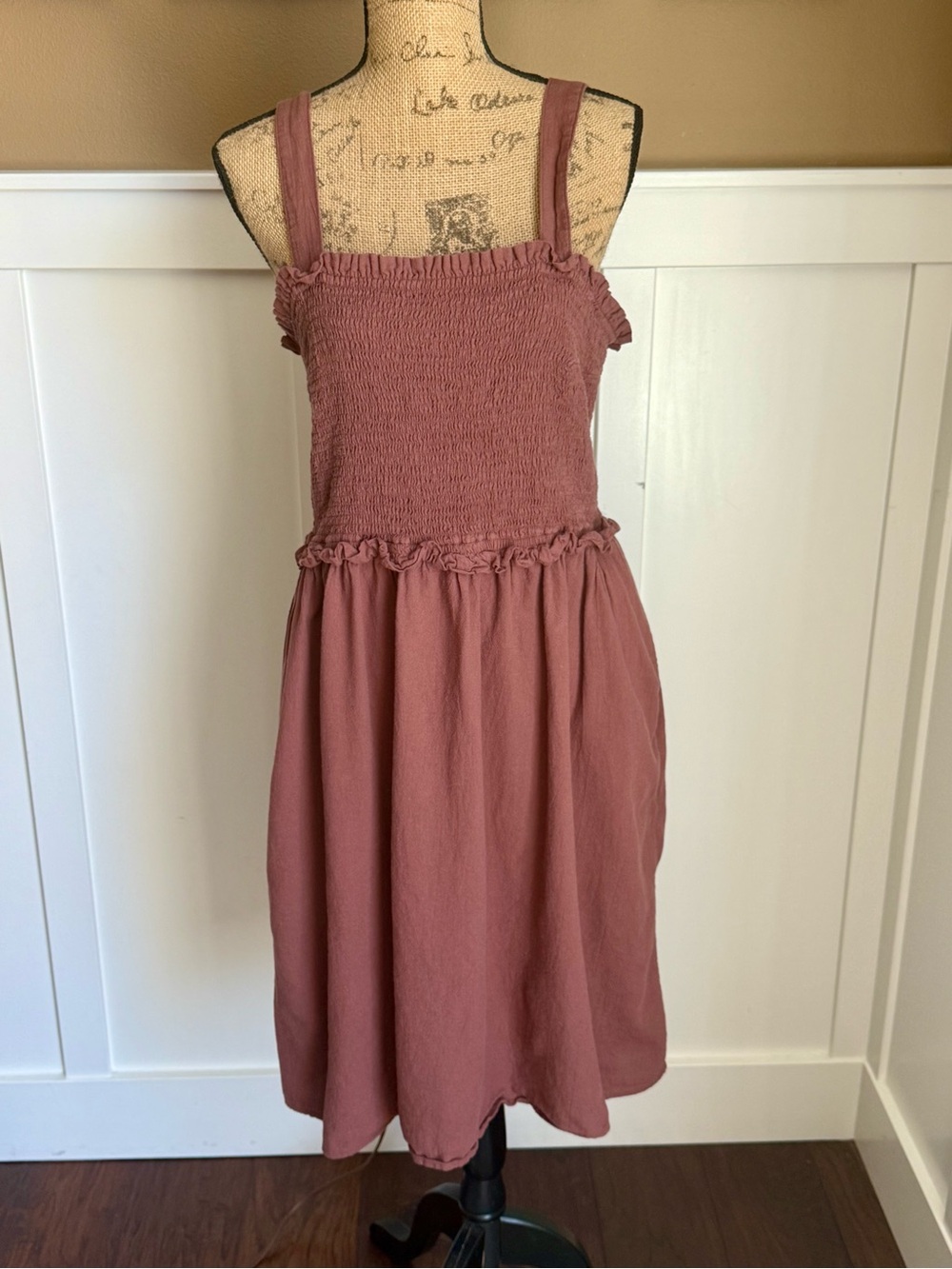 A.N.A A New Approach Mauve Smocked A-Line Dress XL Cotton Sleeveless Pockets